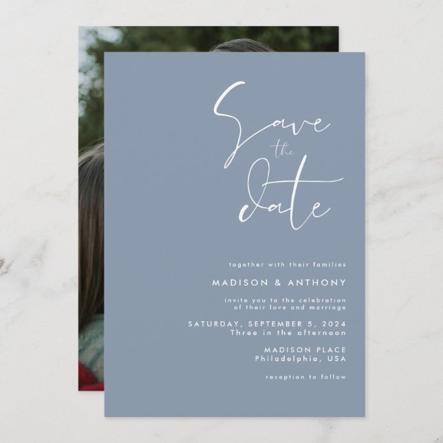 Dusty Blue Modern Minimalist Wedding Photo Invitation (Front/Back)
