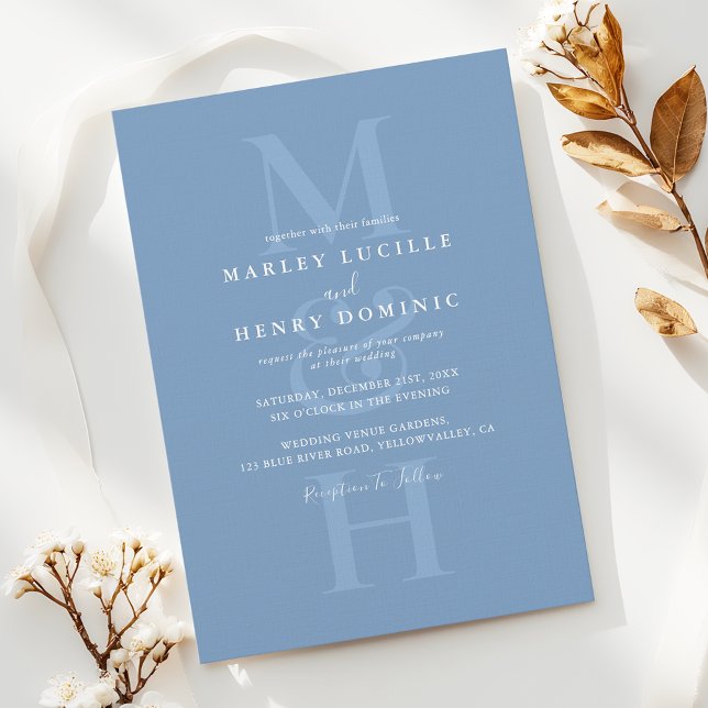 Dusty Blue Modern Monogram Overlay Wedding Invitation (Creator Uploaded)