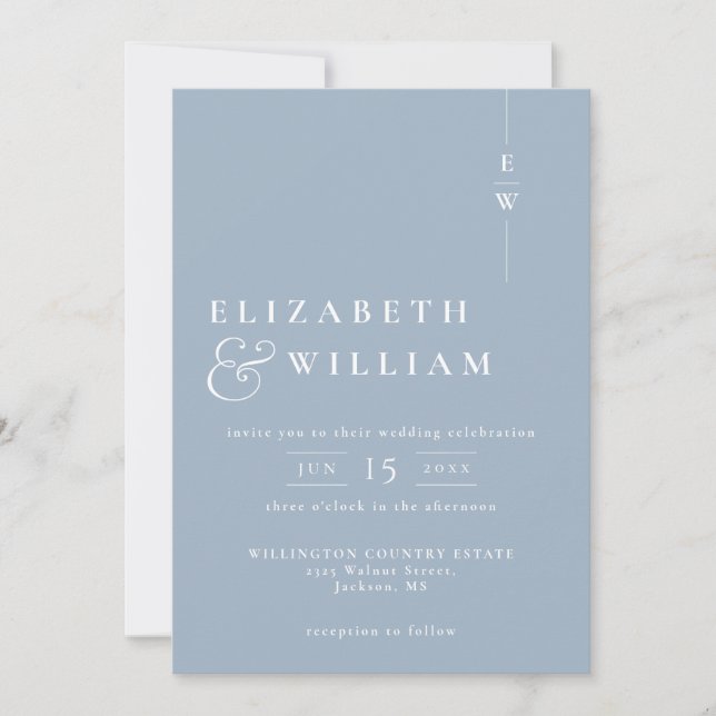 Dusty Blue Modern Monogram Wedding QR Code Invitation (Front)