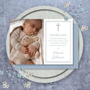 Dusty Blue Modern Photo Baptism Christening Thank You Card