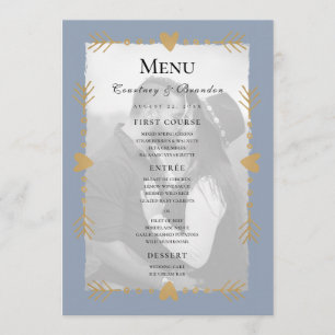 Dusty Blue Modern Photo Gold Hearts Wedding Menu