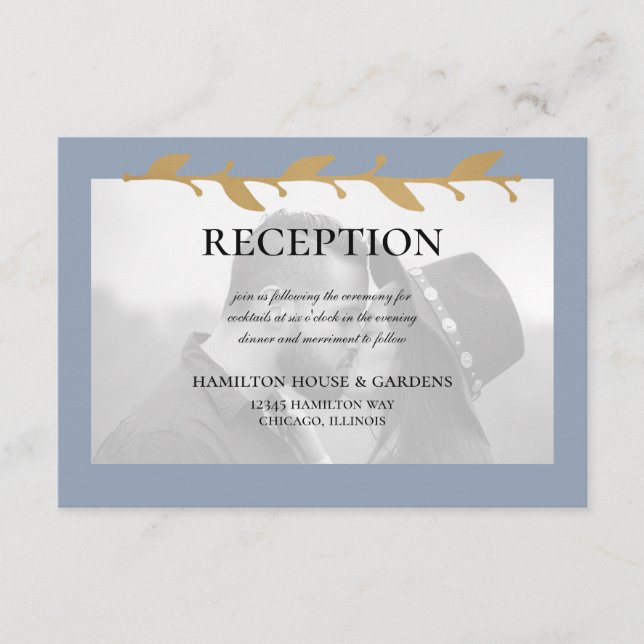 Dusty Blue Modern Photo Gold Leaves Reception Enclosure Card (Front)