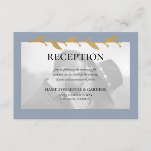 Dusty Blue Modern Photo Gold Leaves Reception Enclosure Card