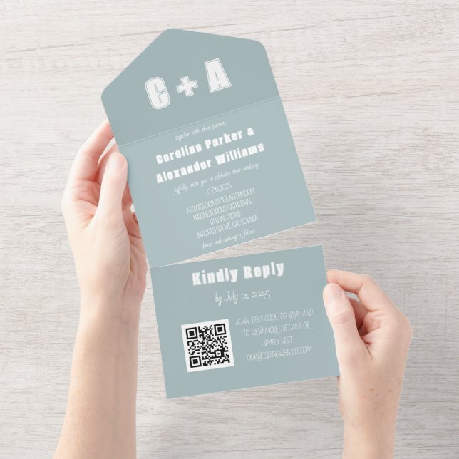 Dusty Blue Modern QR Code Bold Elegant All In One Invitation (Tearaway)
