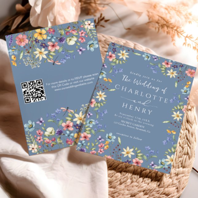 Dusty Blue Modern QR Code Wildflower Wedding  Invitation (Creator Uploaded)
