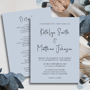 Dusty Blue Modern Script All In One Simple Wedding Invitation