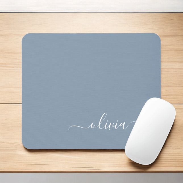 Dusty Blue Modern Script Elegant Monogram Name  Mouse Pad (Creator Uploaded)