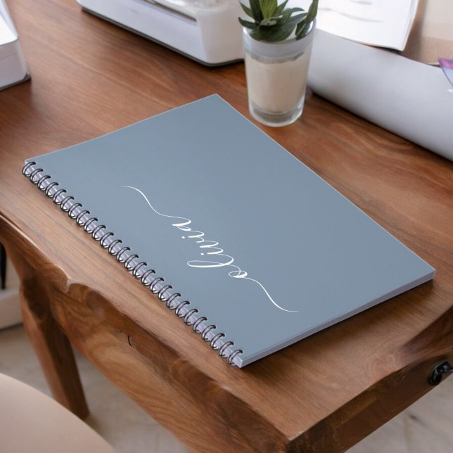 Dusty Blue Modern Script Elegant Monogram Name  Notebook (Creator Uploaded)