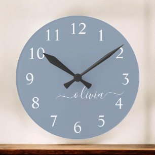 Dusty Blue Modern Script Elegant Monogram Name Round Clock
