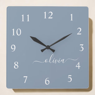 Dusty Blue Modern Script Elegant Monogram Name Square Wall Clock