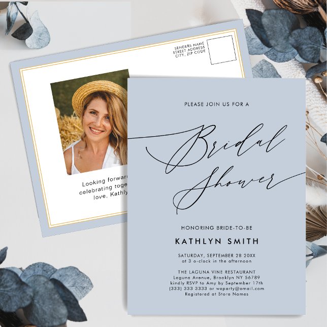 Dusty Blue Modern Script Minimalist Bridal Shower Invitation Postcard (Creator Uploaded)