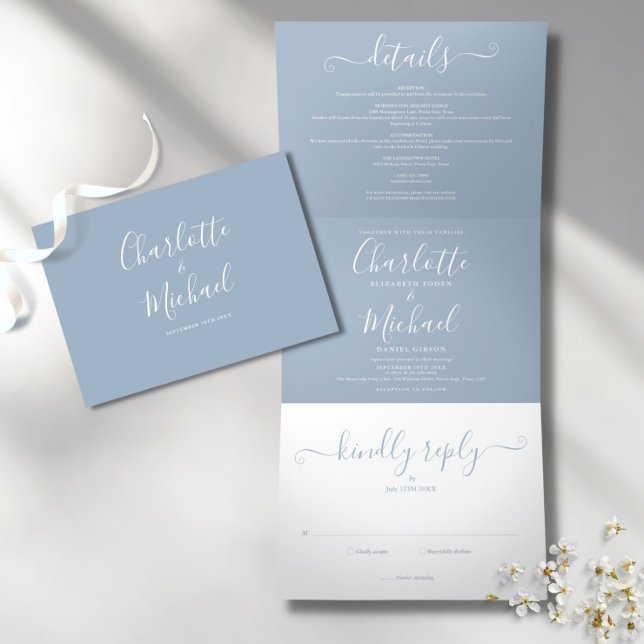 Dusty Blue Modern Script Minimalist Photo Wedding Tri-Fold Invitation (Creator Uploaded)