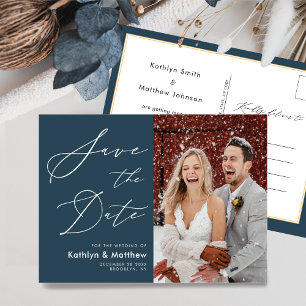 Dusty Blue Modern Script Wedding Save The Date Announcement Postcard