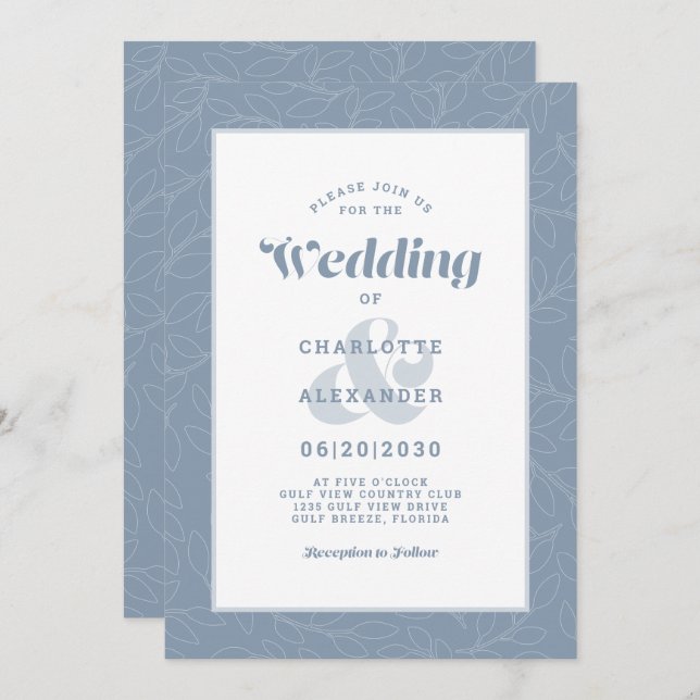 Dusty Blue | Modern Simple Abstract Leaves Pattern Invitation (Front/Back)