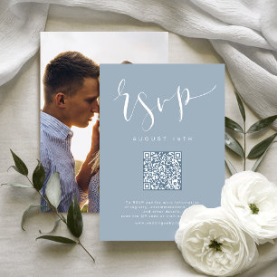 Dusty Blue Modern Simple Script wedding QR code RSVP Card