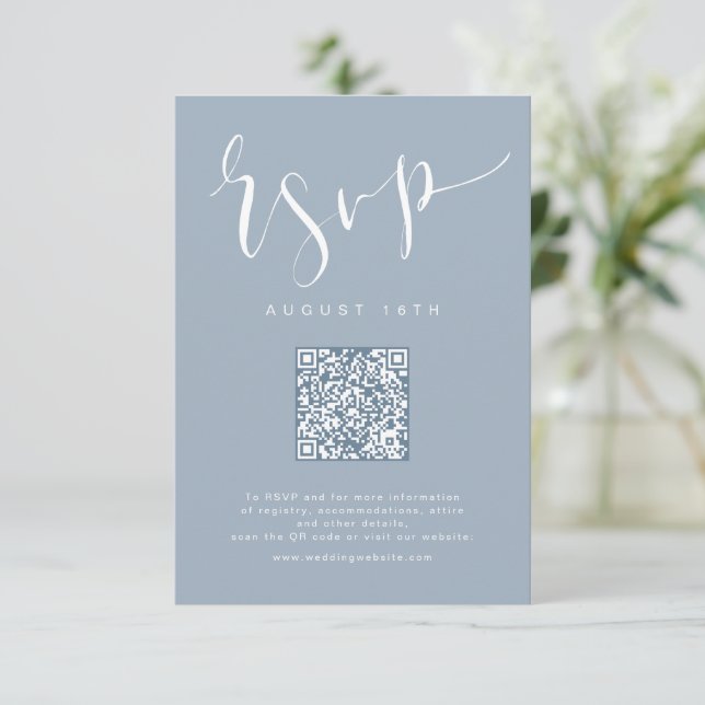 Dusty Blue Modern Simple Script wedding QR code RSVP Card (Standing Front)