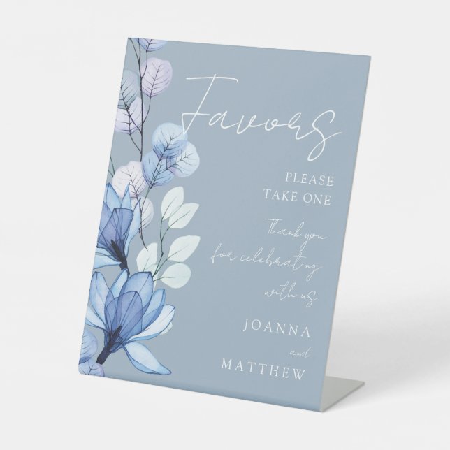 Dusty Blue Modern Transparent Floral Favours Pedestal Sign (Front)