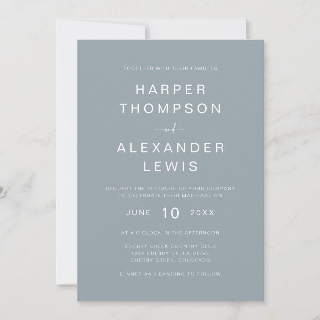 Dusty Blue Modern Typography Wedding Invitation (Front)