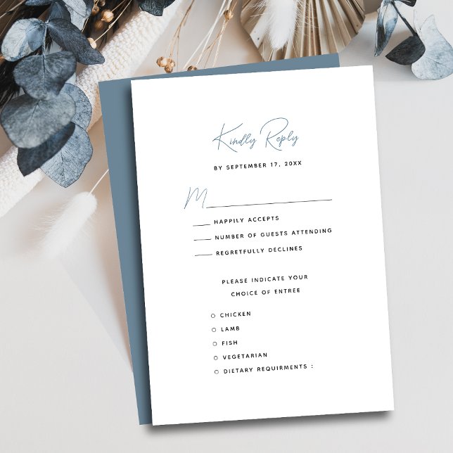 Dusty Blue Modern Whimsical Script Wedding RSVP Card (Creator Uploaded)