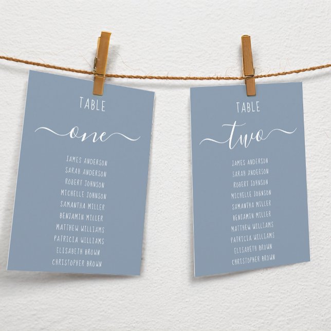 Dusty Blue Modern White Script Seating Chart Card (Creator Uploaded)