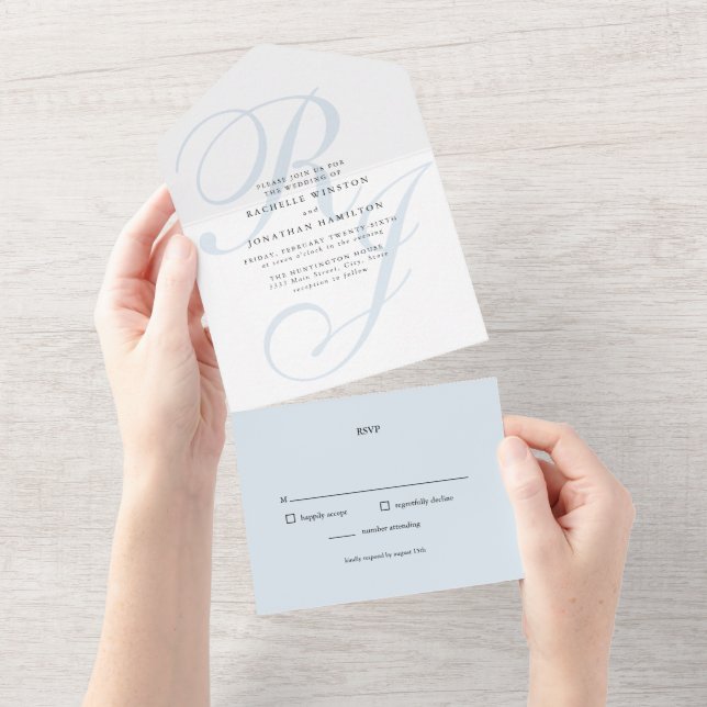 Dusty Blue Monogram All In One Wedding Invitation (Tearaway)