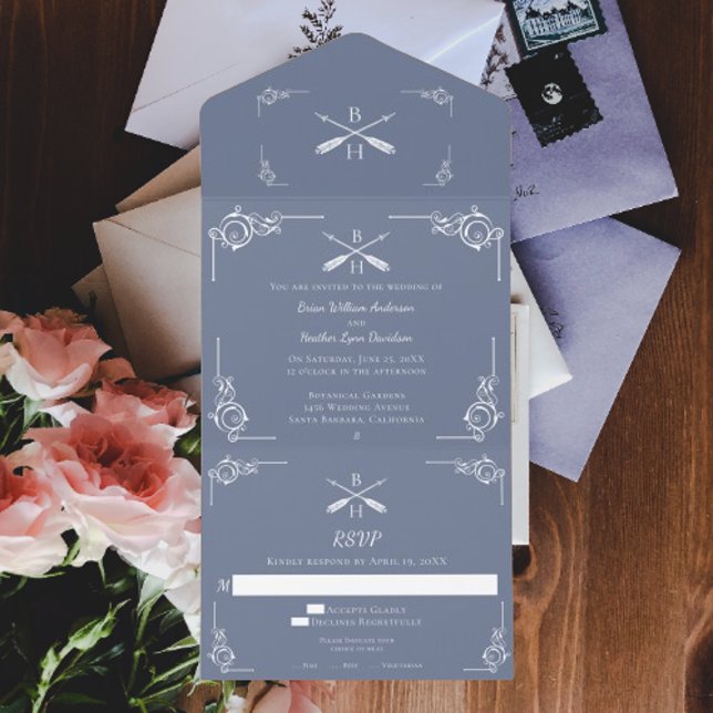 Dusty Blue Monogram and Arrows Wedding All In One Invitation (Dusty Blue Monogram and Arrows Wedding All in One Invitation)
