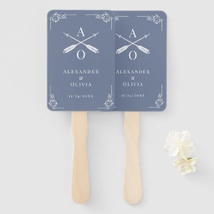 Dusty Blue Monogram and Arrows Wedding Favour Hand Fan