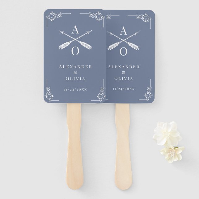 Dusty Blue Monogram and Arrows Wedding Favour Hand Fan (Front and Back)