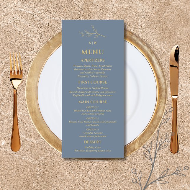 Dusty Blue Monogram Botanical Minimalist Wedding Menu (Creator Uploaded)