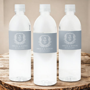 Dusty Blue Monogram Botanical Wedding Floral Crest Water Bottle Label