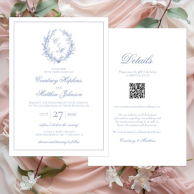 Dusty Blue Monogram Botanical Wreath All In One Invitation (Creator Uploaded)