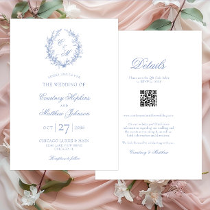 Dusty Blue Monogram Botanical Wreath All In One Invitation