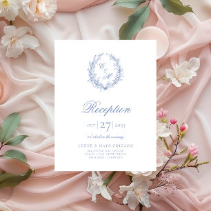Dusty Blue Monogram Botanical Wreath Reception Enclosure Card