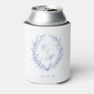 Dusty Blue Monogram Botanical Wreath Wedding Can Cooler