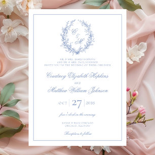 Dusty Blue Monogram Botanical Wreath Wedding Invitation