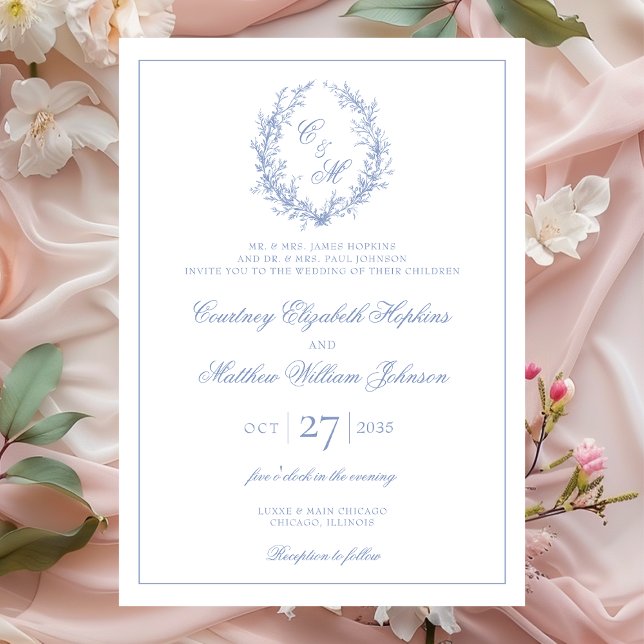 Dusty Blue Monogram Botanical Wreath Wedding Invitation (Creator Uploaded)
