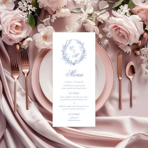 Dusty Blue Monogram Botanical Wreath Wedding Menu