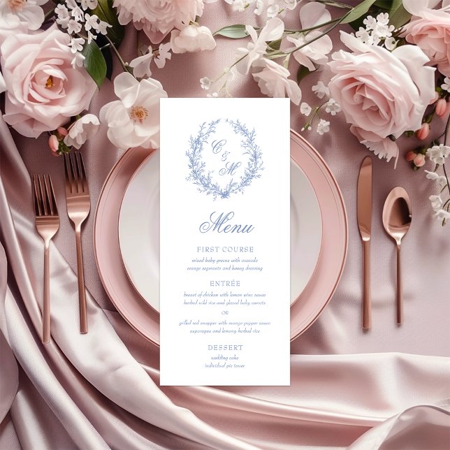 Dusty Blue Monogram Botanical Wreath Wedding Menu (Creator Uploaded)