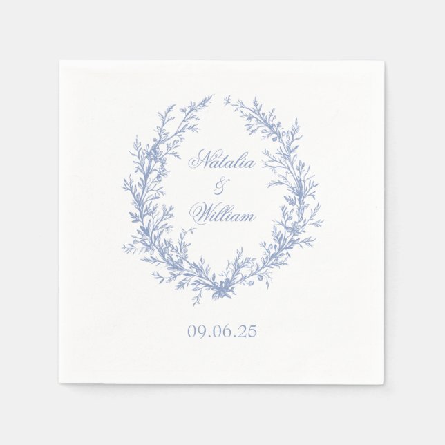 Dusty Blue Monogram Botanical Wreath Wedding Napkin (Front)
