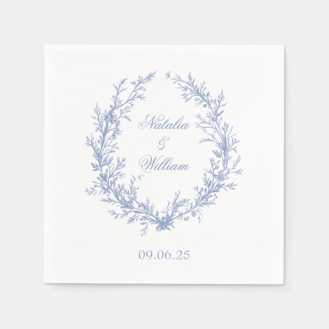 Dusty Blue Monogram Botanical Wreath Wedding Napkin (Front)