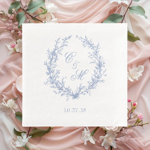 Dusty Blue Monogram Botanical Wreath Wedding Napkin