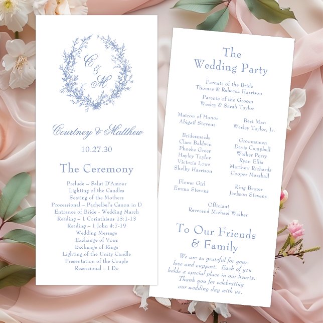 Dusty Blue Monogram Botanical Wreath Wedding Programme (Creator Uploaded)