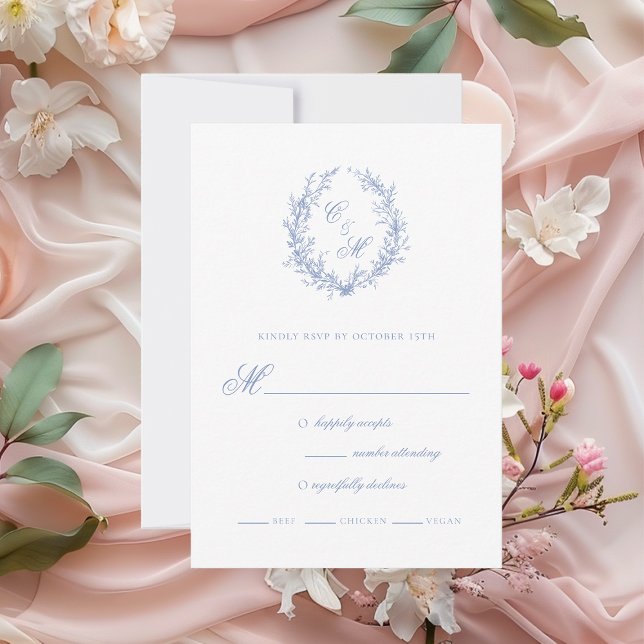 Dusty Blue Monogram Botanical Wreath Wedding RSVP Card (Creator Uploaded)
