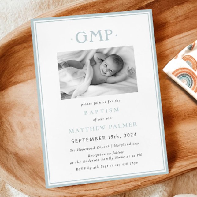 Dusty Blue Monogram Boy Baby Baptism Announcement (Creator Uploaded)