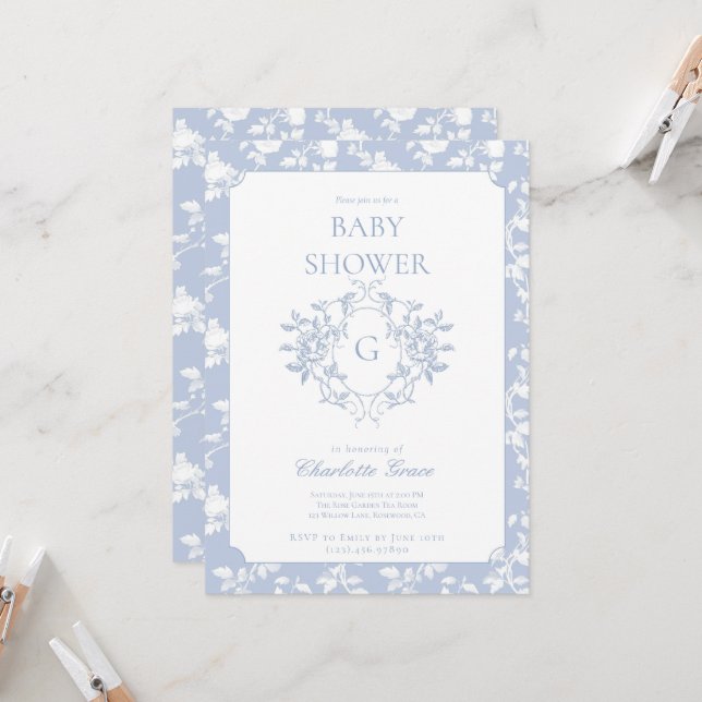 Dusty Blue Monogram Crest Baby Shower Invitation (Front/Back In Situ)