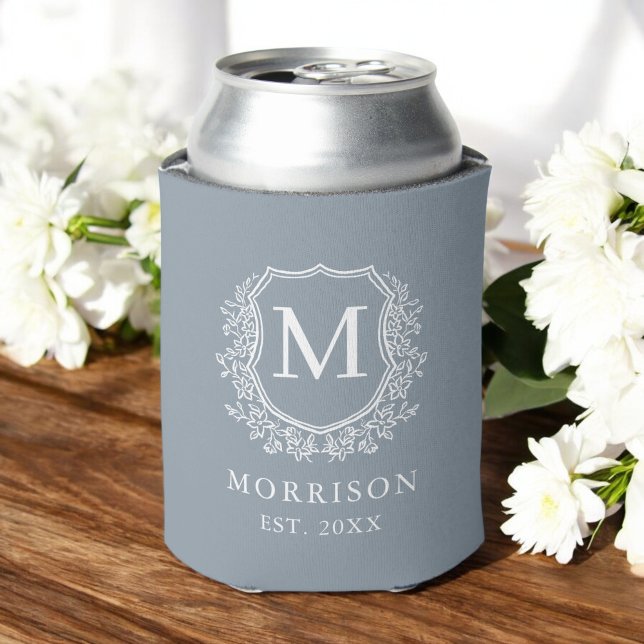 Dusty Blue Monogram Crest Botanical Wedding  Can Cooler (Creator Uploaded)