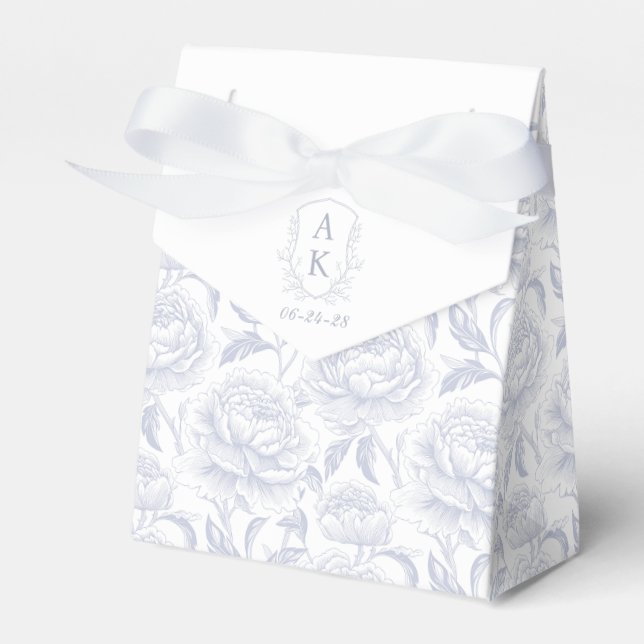 Dusty Blue Monogram Crest Chinoiserie Peonies Favour Box (Front Side)