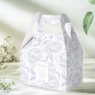 Dusty Blue Monogram Crest Chinoiserie Peonies Favour Box
