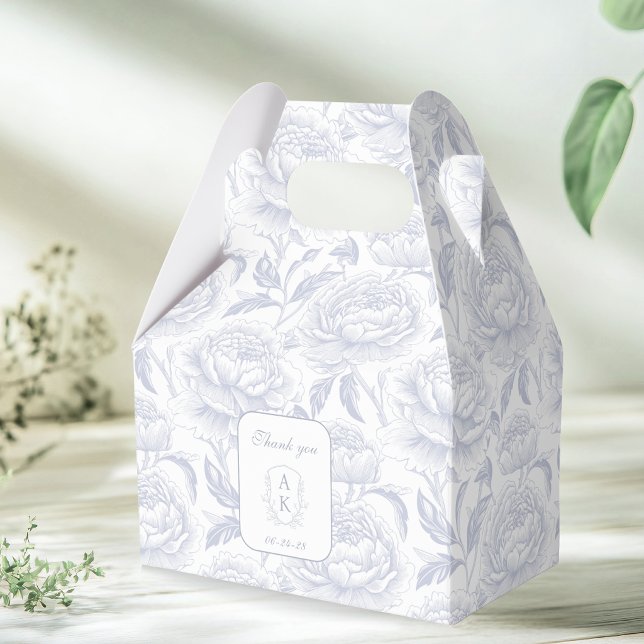 Dusty Blue Monogram Crest Chinoiserie Peonies Favour Box (Creator Uploaded)