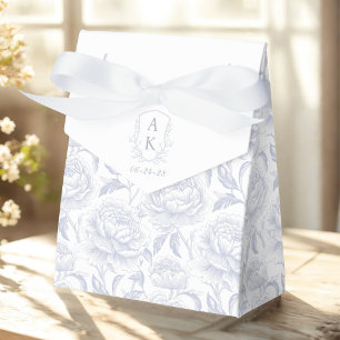 Dusty Blue Monogram Crest Chinoiserie Peonies Favour Box